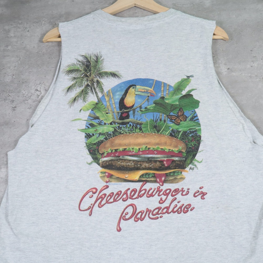 80s Caribbean Soul Cheeseburger in Paradise Boxy Grey Graphic Tank Mens XL